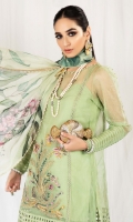 Organza shirt with an embroidered front panel and stately cuts having sleeves embellished with pleated cuffs and crystals The beautiful short shirt is paired with digitally printed organza dupatta and raw silk pants crimped at the bottom.