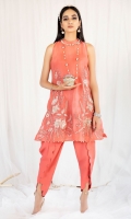 Coral organza A-line top with short side slits, embroidered and embellished with adda work exhibiting funnel neck and raglan sleeves paired with a scalloped raw silk tulip shalwar.