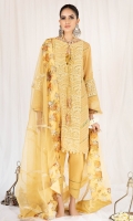 Embroidered front panel with diagonal pleats and lace insertions on side panels, oval cutout neckline finished with overturned cuff and organza print Paired with lemon raw silk shalwar embedding pin tucks and lace insertions at the border and organza dupatta with diagonal gotta lines and thick printed organza border on 4 sides.