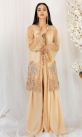 Organza front-open jacket with both panels elaborated with embellishments and paired with arabian lawn flared pants