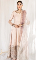Soft pink Textured cotton net pishwas with embroidered border on hem Cutout detail on neckline with pearls Net patch with pearl detailing on sleeves Crushed pk raw silk pants Tie and die organza dupatta in shades of pink and faded purple finished with sheesha edging