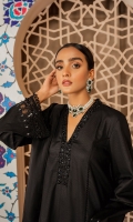 Embroidered rib lawn shirt with embelishment and mirror work on sleeves. Slip: N/A Trouser: Dyed Cambric with lace. Add on Dupatta: Organza embroidered dupatta with mirror work.