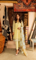 Embroidered cotton net shirt with embelishment. Slip: Dyed Cotton. Trouser: Dyed Cambric with embroidered hem. Add on Dupatta: Printed monar dupatta.