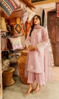 Embroidered slub cotton shirt with embelishment. Slip: Dyed Cotton. Trouser: Dyed Cambric with embroidered hem. Add on Dupatta: Mukaish net dupatta.