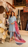 Embroidered slub cotton shirt with embelishment. Slip: Dyed Cotton. Trouser: Dyed Cambric with lace on hem. Add on Dupatta: Printed organza dupatta.