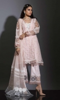 PINK EMBROIDERED NET CENTER PANNEL PAIRED WITH DYED EMBROIDERED NET PANNELS, ENHANCED WITH HAND EMBROIDERY HINTS DETAILING AND LACE WORK. PAIRED WITH LACE WORK CHIFFON DUPATTA