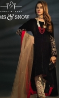 Black Velvet Trail Frock with Embroidered Sleeves and Statement Trouser Paired Along with Contrast Net Dupatta