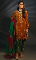 Mustard Velvet with Green and Red Contrast Embroidery Paired with Organza Chatta Patti Dupatta and Green Jamawar Trouser
