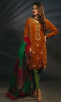 Mustard Velvet with Green and Red Contrast Embroidery Paired with Organza Chatta Patti Dupatta and Green Jamawar Trouser