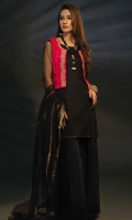 Net Shirt with Embroidered Hijar Pants Paired Along with Hot Pink Velvet Top and Dupatta
