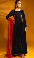 Navy Blue Velvet Long Frock with Red Contrast Dupatta Paired Along with Crepe Trouser
