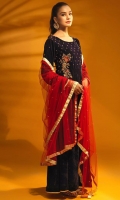 Navy Blue Velvet Long Frock with Red Contrast Dupatta Paired Along with Crepe Trouser