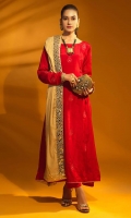 Dyed Raw Silk Thread Embellished Frock Paired Along with Matching Trouser & Contrast Beige Velvet Mirror Embellished Shawl