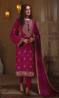 Embroidered Front Center Panel  0.33  meter Embroidered front left panel  0.33  meter Embroidered front Right panel   0.33  meter Embroidered Back /Sleeves  1.75  meter Embroidered Dupatta   2.31  meter Embroidered Dupatta  Patti 02  meter Embroidered Front /Back Border 1.61 meter Embroidered Sleeves Border 0.8  meter Dyed Trouser 2.5  meter