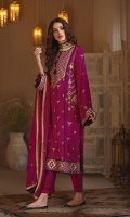 Embroidered Front Center Panel  0.33  meter Embroidered front left panel  0.33  meter Embroidered front Right panel   0.33  meter Embroidered Back /Sleeves  1.75  meter Embroidered Dupatta   2.31  meter Embroidered Dupatta  Patti 02  meter Embroidered Front /Back Border 1.61 meter Embroidered Sleeves Border 0.8  meter Dyed Trouser 2.5  meter