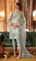 Dipped in a pastel hue of powder blue, Misri is all glam and bling you need this season to outshine the fashion race. Lustrous tissue based shirt with heavy embroidery on front and back deemed in tilla, resham and metallic sequins. The traditional yet modern pattern is the choice to make u look chic and uber trendy. Paired with tissue pants with heavy organza border and tulle kamdani duppata with organza embroidered pallo.