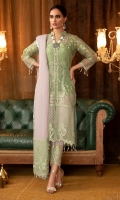 A classic combination of mint green and pale lavender. This classic cutline is traditionally designed to fulfil all your fashion needs. Bold floral bouquet pattern rendered with tilla, resham and sequin is the glam and glits you need for your festive soirs. Paired with a paper organza duppata with embroidered pallo and silk pants with heavy border.