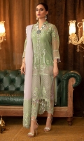A classic combination of mint green and pale lavender. This classic cutline is traditionally designed to fulfil all your fashion needs. Bold floral bouquet pattern rendered with tilla, resham and sequin is the glam and glits you need for your festive soirs. Paired with a paper organza duppata with embroidered pallo and silk pants with heavy border.