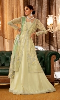 The shirt is organza based dipped in subtle shade of lime yellow with majestic embroidery of tila and resham with hints of sequin. Paired with a tulle mint green duppata with mukesh bindi tika running spray with heavy embroidered pallo on organza in a modern floral pattern. This cult classic look will make you dazzle the crowd this festive season.