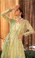 The shirt is organza based dipped in subtle shade of lime yellow with majestic embroidery of tila and resham with hints of sequin. Paired with a tulle mint green duppata with mukesh bindi tika running spray with heavy embroidered pallo on organza in a modern floral pattern. This cult classic look will make you dazzle the crowd this festive season.
