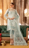 Dipped in a pastel hue of powder blue, Misri is all glam and bling you need this season to outshine the fashion race. Lustrous tissue based shirt with heavy embroidery on front and back deemed in tilla, resham and metallic sequins. The traditional yet modern pattern is the choice to make u look chic and uber trendy. Paired with tissue pants with heavy organza border and tulle kamdani duppata with organza embroidered pallo.