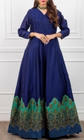 Royal Blue Evening Gown Pleated Bodice , Printed with Moti Work Border and Detailing