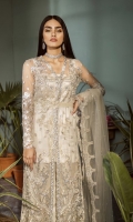 Shirt Fabric: Net Dupatta Fabric: Net *Front Embroidered Neckline - Two Piece *Two Front Body Patches - 0.381 Meters *Embroidered Sleeves - 0.65 Meters  *Embroidered Extra Patch - 0.9144 Meters *Cotton Silk Dyed Slip - 0.9 Meters *Silk Dyed Trousers - 2.50 Meters *Embroidered Heat Set Dupatta - 2.50 Meters