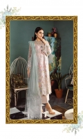 Shirt Fabric: Net Dupatta Fabric: Net *Embroidered Front - 1.25 Meters *Embroidered Shirt Back - 1.25 Meters *Front Embroidered Neckline - One Piece *Embroidered Sleeves - 0.65 Meters  *Embroidered Trouser Patch - 2 Pieces *Cotton Silk Dyed Slip - 0.9 Meters *Silk Dyed Trousers - 2.50 Meters *Screen Printed Dupatta (Net) - 2.50 Meters