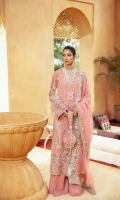 Embroidered / Embellished Front Center Panel 01 pc Embroidered / Embellished Front Side Panel Left & Right 02 pc Embroidered / Embellished Front Lower Patch Left & Right 02 pc Embroidered Back 01 Meter Embroidered Back Border 1pc Front & Back Laser Cut Border 02 pc Embroidered / Embellished Sleeves 2Pc Laser Cut Sleeves Border .95 Meter Embroidered Dupatta Border 7.5 Meter Foil Printed Organza Dupatta 2.5 Meter Raw Silk Slip 2.25 Meter Embroidered Trouser Patch 1.25 Meter Raw Silk Trouser 2.5 Meter