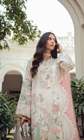 PURE ORGANZA SHIRT WITH DETAILED FLORAL EMBROIDERY AND EMBELLISHMENT AROUND THE NECKLINE, SLEEVES AND BORDER RAW SILK SLIP NET DUPATTA WITH DETAILED BORDER AND ORGANZA FINISH RAW SILK PANTS