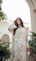 PURE ORGANZA SHIRT WITH DETAILED FLORAL EMBROIDERY AND EMBELLISHMENT AROUND THE NECKLINE, SLEEVES AND BORDER RAW SILK SLIP NET DUPATTA WITH DETAILED BORDER AND ORGANZA FINISH RAW SILK PANTS