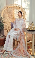BLUSH PINK EMBROIDERED AND HAND EMBELLISHED NET SHIRT WITH SYMMETRIC FLORAL PATTERNS RAW SILK SLIP PRINTED DUPATTA WITH CHATTA PATTI CRISS CROSS DETAILS AND EMBROIDERED BORDER PRINTED RAW SILK BOOT STRAIGHT PANTS