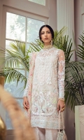 BLUSH PINK EMBROIDERED AND HAND EMBELLISHED NET SHIRT WITH SYMMETRIC FLORAL PATTERNS RAW SILK SLIP PRINTED DUPATTA WITH CHATTA PATTI CRISS CROSS DETAILS AND EMBROIDERED BORDER PRINTED RAW SILK BOOT STRAIGHT PANTS