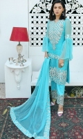 Front: Embroidered Organza Front  Back: Embroidered Patti On Organza Back  Sleeve: Embroidered Chiffon Sleeves  Trouser: Raw Silk Trouser With Embroidered Bottom.  Dupatta: Embroidered Chiffon Dupatta With Raw Silk Facing