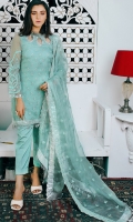 Front: Embroidered Organza  Front  Back: Plain Organza  Back  Sleeve: Embroidered Organza Sleeves   Trouser: Raw Silk Trouser  Dupatta: Organza Embroidered Dupatta With Tissue Facing