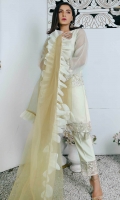 Front: Embroidered Organza Front  Back: Plain Organza Back  Sleeve: Embroidered Organza Sleeves   Trouser: Raw Silk Trouser  Dupatta: Net Dupatta With Organza Frill Borders.