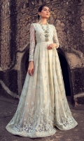 Stitched net embroidered full length dress adorned with dancing floral embroideries on sea green base trimmed with mirror work details . Fully embroidered silhouette is enriched by sequin lining inside. Style that never goes out of style.