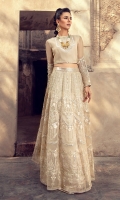 Elegant and majestic, Stitched organza lehenga and blouse for masterly crafted with fine embroidery, layered with mirrorwork details on beige canvas. A perfect formal wear for an intimate wedding occasion.