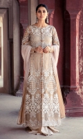 Stitched formal wear dress with exquiste filgree details laid on net. A combination of mirror work and silk thread encrusted with zaree embroidery. This is an examplary outfit for evening or daytime glamour.