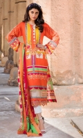 Digital Printed Lawn Front 1.14 M Digital Printed Lawn Back 1.14 M Embroidered Front Daman Patch 1 M Digital Printed Lawn Sleeves 0.67 M Sleeves Embroidered Patch 1 M Digital Printed Crinkle Chiffon Dupatta 2.5 M Dyed Cotton Trouser 2.5 M