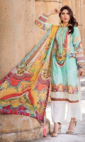 Digital Printed Lawn Front 1.14 M Digital Printed Lawn Back 1.14 M Neckline Embroidered Patch 1 M Digital Printed Lawn Sleeves 0.67 M Sleeves Embroidered Patch 1 M Digital Printed Crinkle Chiffon Dupatta 2.5 M Dyed Cotton Trouser 2.5 M