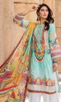 Digital Printed Lawn Front 1.14 M Digital Printed Lawn Back 1.14 M Neckline Embroidered Patch 1 M Digital Printed Lawn Sleeves 0.67 M Sleeves Embroidered Patch 1 M Digital Printed Crinkle Chiffon Dupatta 2.5 M Dyed Cotton Trouser 2.5 M
