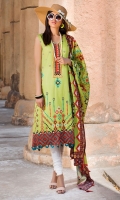 Digital Printed Lawn Front 1.14 M Digital Printed Lawn Back 1.14 M Neckline Embroidered Patch 1 M Digital Printed Lawn Sleeves 0.67 M Sleeves Embroidered Patch 1 M Digital Printed Voile Dupatta 2.5 M Dyed Cotton Trouser 2.5 M