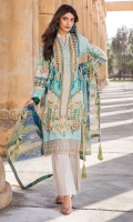 Digital Printed Lawn Front 1.14 M Digital Printed Lawn Back 1.14 M Neckline Embroidered Patch 1 M Embroidered Front Daman Patch 1 M Digital Printed Lawn Sleeves 0.67 M Digital Printed Crinkle Chiffon Dupatta 2.5 M Dyed Cotton Trouser 2.5 M