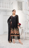 Embroidered Chiffon Front Embroidered Chiffon Back Embroidered Chiffon Sleeves Embroidered Raw Silk Front and Back Border Embroidered Raw Silk Sleeves Border Embroidered Chiffon Dupatta Raw Silk Trousers