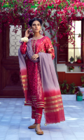 Candies the grass, or casts an icy cream. Upon the silver lake or crystal stream. Covered in sombre pink embroidery and gold embellishment, paired with organza silk dupatta.    4 Piece Suit