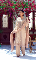 Rendering pastel hues with relentless delicacies woven in thread; she is an alchemic narration of festive charm!    4 Piece Suit.