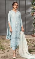 This blue chikan shirt with laces on daman and embroidered tassel on organza frill neckline with pearls and lace finish is paired with cotton pants. Complete the look with this crush tie and dye dupatta. *The length of the shirt is 43 inches.
