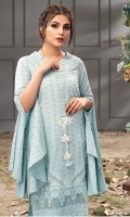 This blue chikan shirt with laces on daman and embroidered tassel on organza frill neckline with pearls and lace finish is paired with cotton pants. Complete the look with this crush tie and dye dupatta. *The length of the shirt is 43 inches.