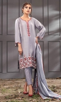 A grey cotton net shirt is delicately worked with artful patterns, elevated in luxury with mirror work. Paired with a net silk dupatta in a soft grey with a matching cotton jacquard pants. *The length of the shirt is 42 inches.